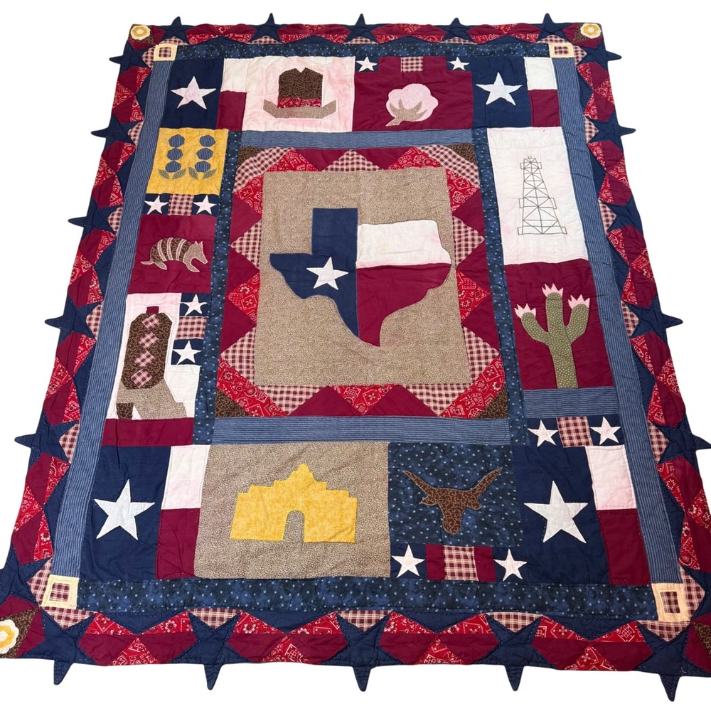 Handmade Texas Patchwork Quilt Lone Star State Western Bandana Blue Red 65x81